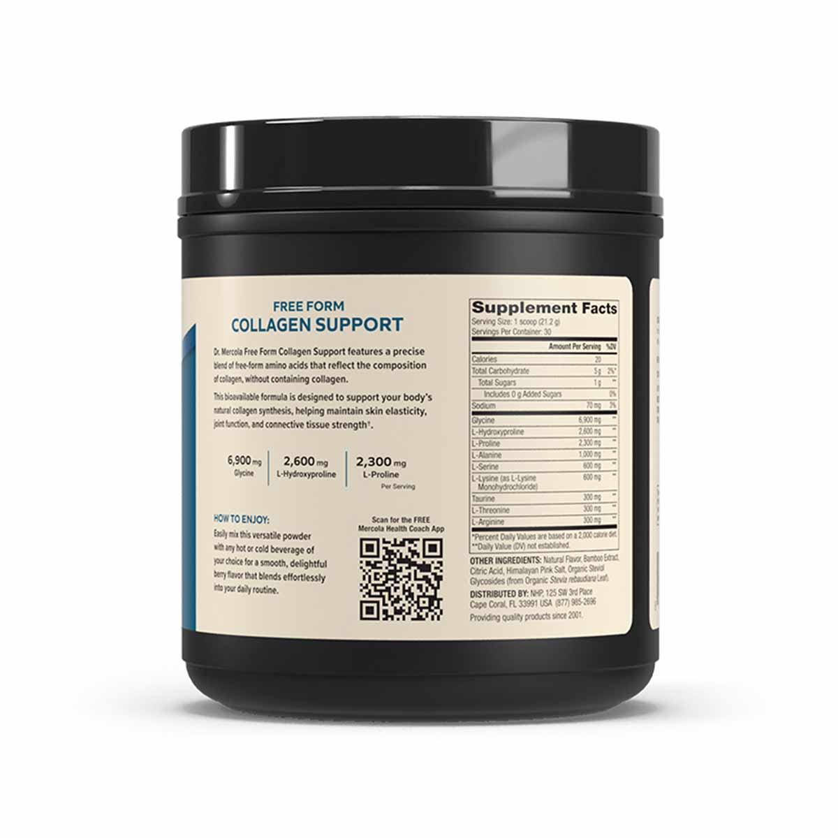 Black jar of Free Form Collagen Support powder with cream-colored label listing amino acid ingredients and supplement facts.