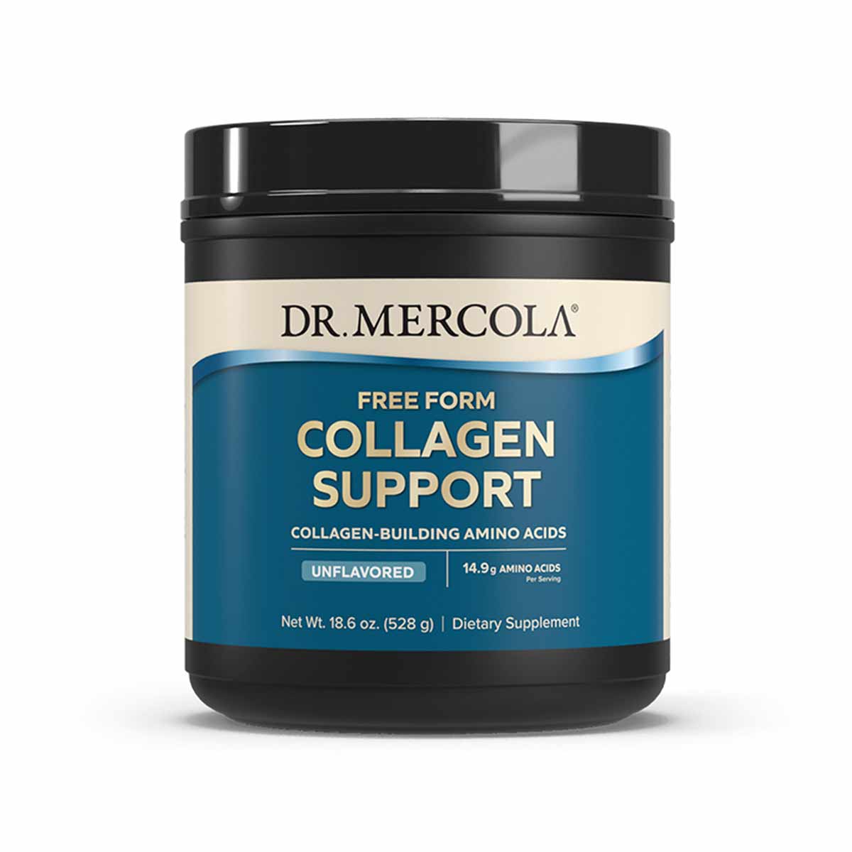 Black container with teal label reading "Dr. Mercola Free Form Collagen Support," 18.6 oz, unflavored dietary supplement powd