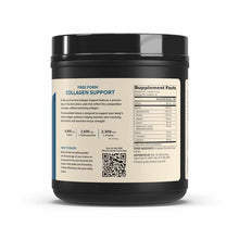 Black container with cream-colored label displaying Free Form Collagen Support supplement facts and ingredients.