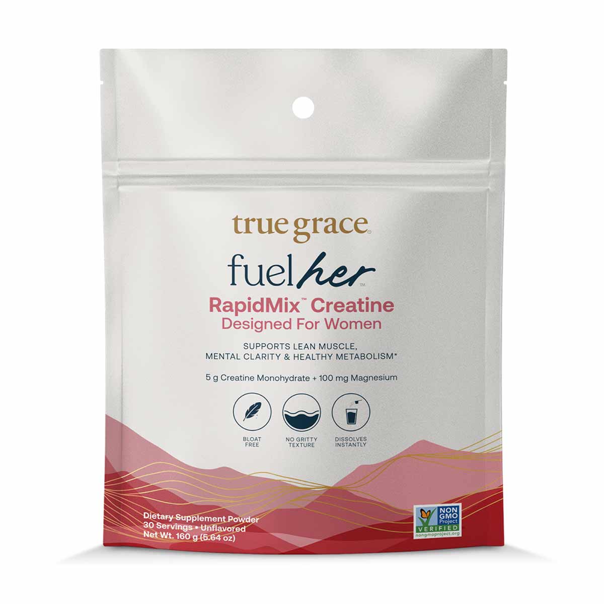 White and pink pouch of True Grace FuelHer RapidMix Creatine powder for women, 160g unflavored dietary supplement.