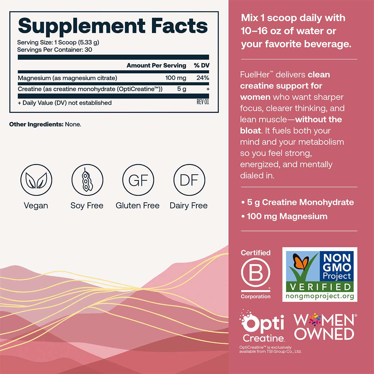 FuelHer RapidMix Creatine supplement facts label showing 5g creatine monohydrate and 100mg magnesium per serving, vegan and g