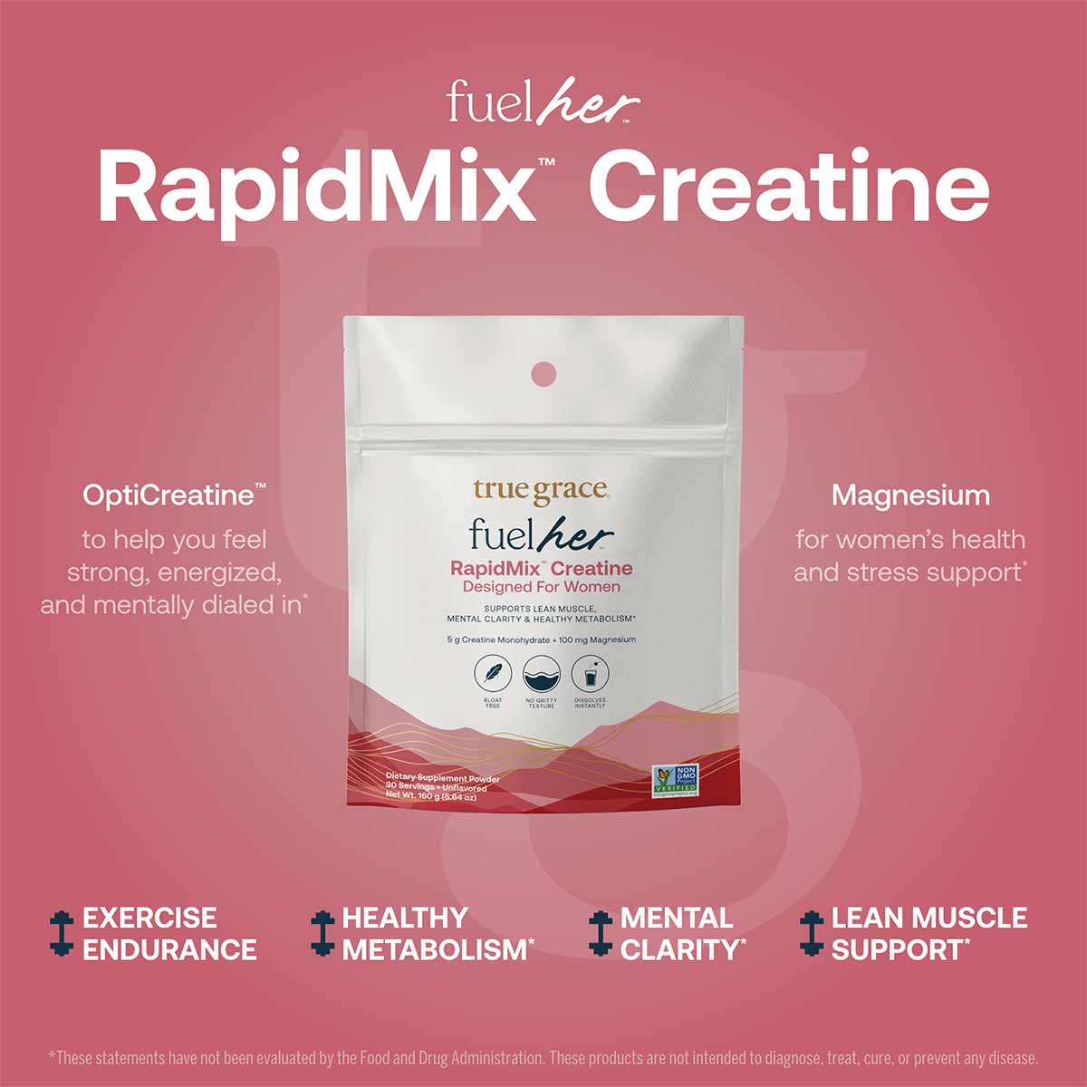 White pouch of True Grace FuelHer RapidMix Creatine powder with pink accent band on pink background.
