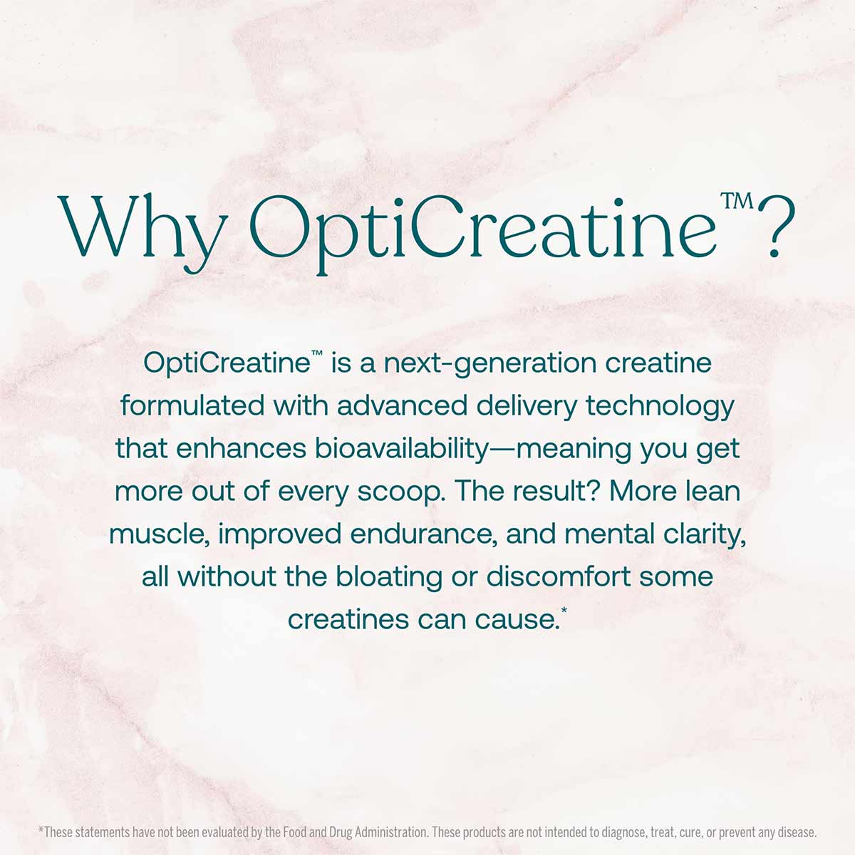 Text on pink background explaining OptiCreatine formula benefits and features.