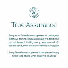 True Grace brand logo and text describing product testing and quality assurance for supplements.