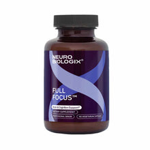 Dark amber bottle with black cap labeled "Full Focus" by Neurobiologix containing 90 vegetarian capsules.