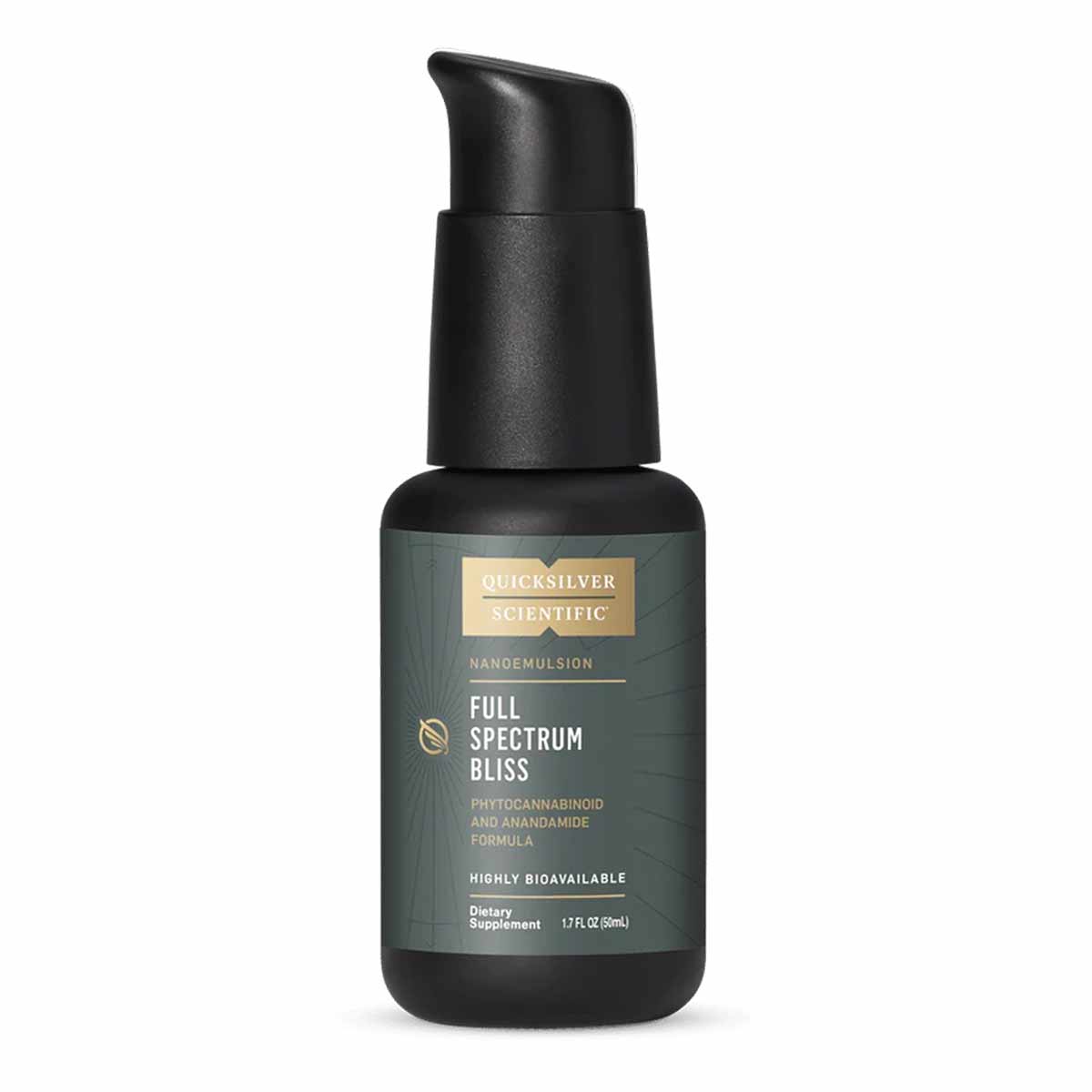 Black pump bottle with green and gold label reading "Quicksilver Scientific Full Spectrum Bliss" nanoemulsion dietary supplem