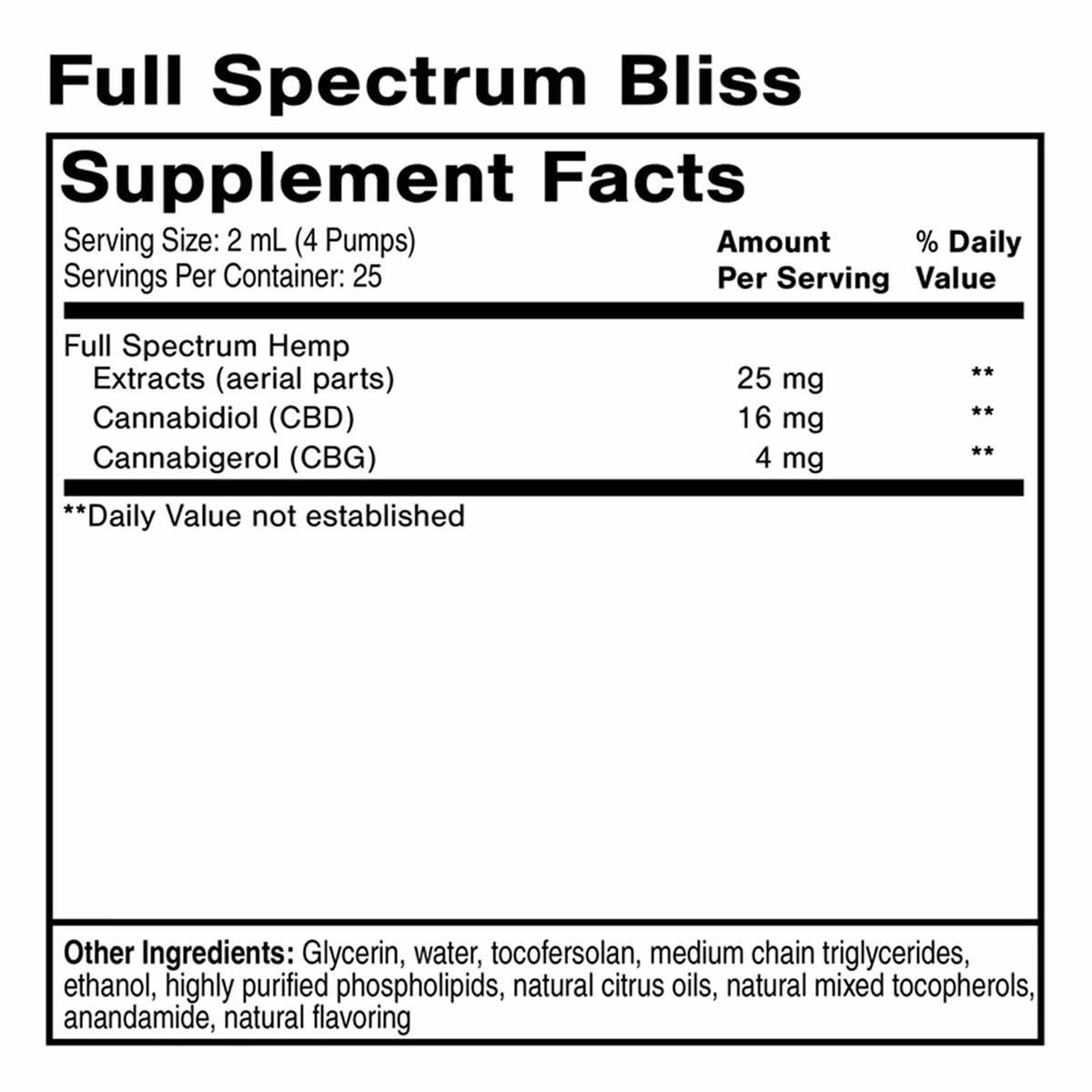 Full Spectrum Bliss supplement facts label showing 25 mg hemp extract with 16 mg CBD and 4 mg CBG per 2 mL serving.