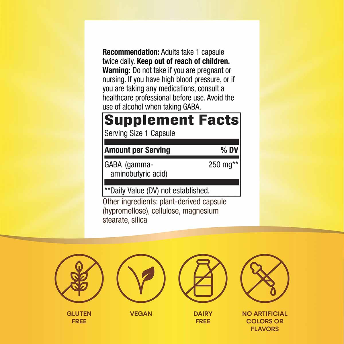 Bottle label for GABA 250mg supplement showing supplement facts, usage recommendations, warnings, and ingredient list with ce