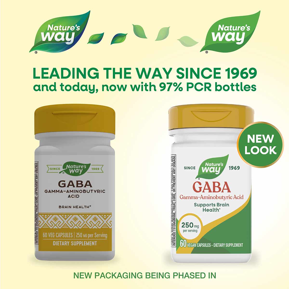 Two Nature's Way GABA 250 mg supplement bottles side by side, showing old and new packaging designs with green and gold accen