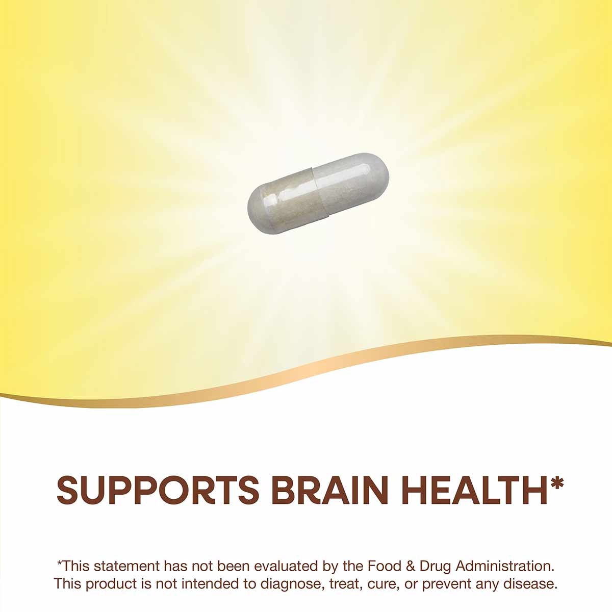 Clear capsule supplement pill on yellow gradient background.