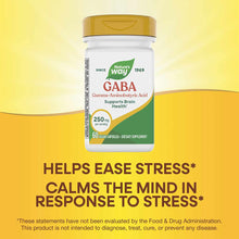Nature's Way GABA 250 mg supplement bottle with gold cap and white label on yellow background.