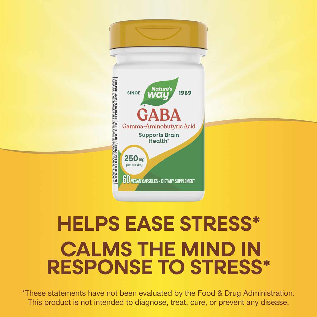 Nature's Way GABA 250 mg supplement bottle with gold cap and white label on yellow background.