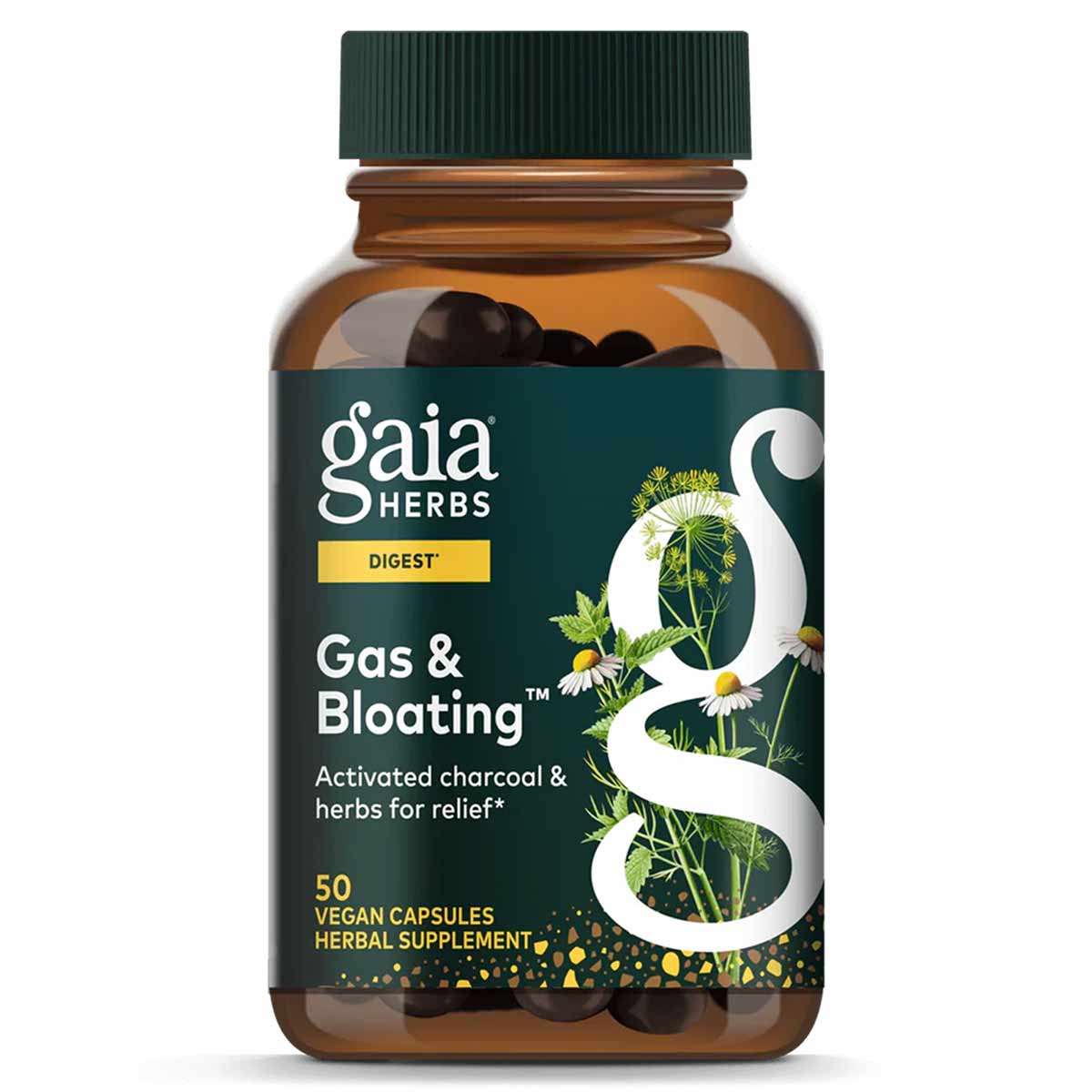 Gaia Herbs Gas & Bloating herbal supplement bottle with green cap containing 50 vegan capsules and herb illustrations on labe