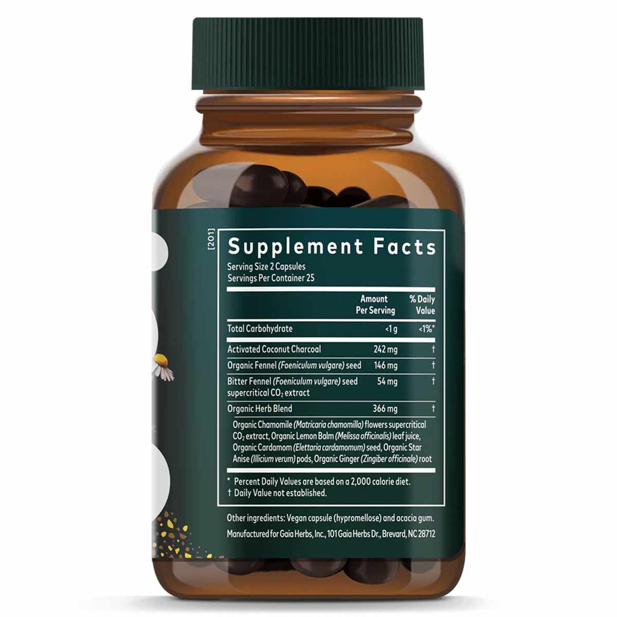 Brown glass bottle with green cap containing dark capsules and supplement facts label listing ingredients including fennel, g