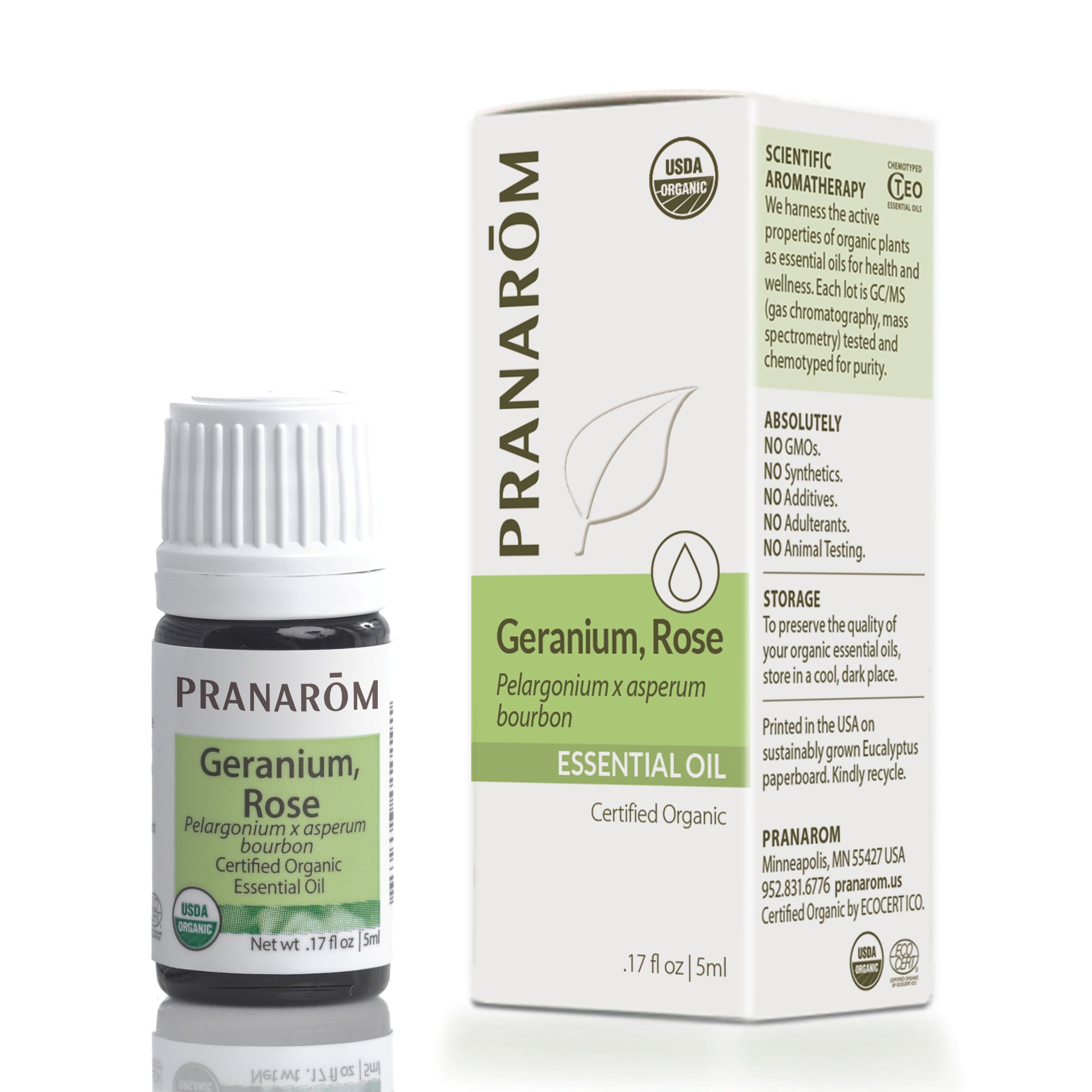 Pranarom Geranium Rose essential oil bottle with white cap next to its cardboard box packaging.