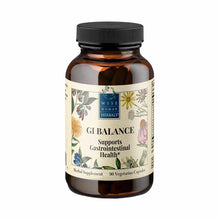 Dark amber glass bottle with black screw cap containing GI Balance herbal supplement capsules by Wise Woman Herbals.