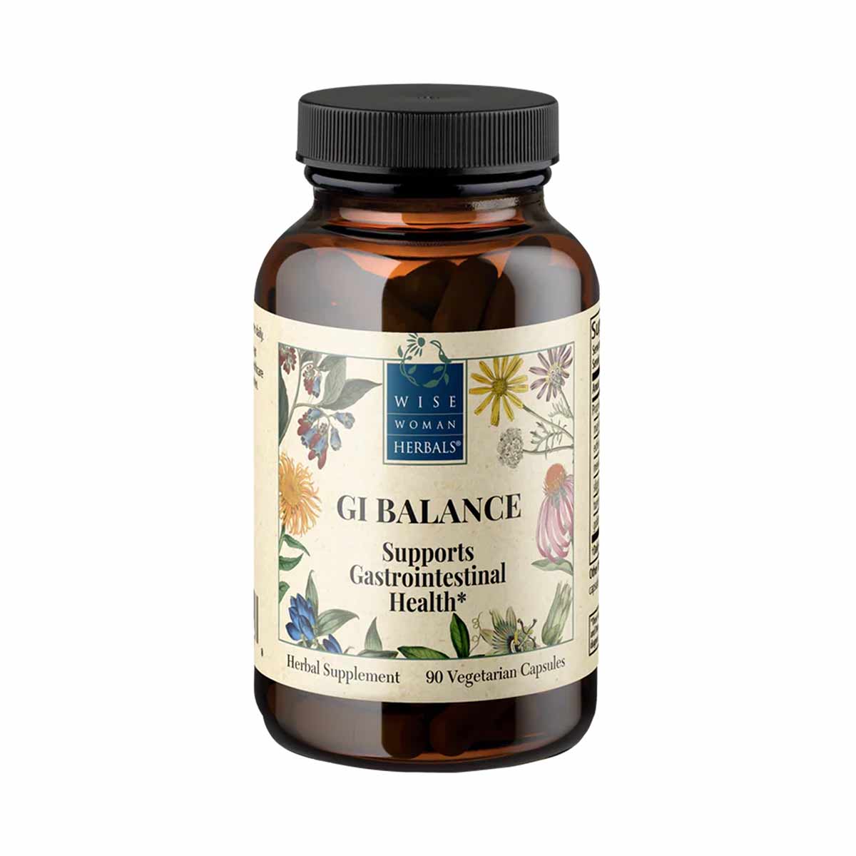 Dark amber glass bottle with black screw cap containing GI Balance herbal supplement capsules by Wise Woman Herbals.