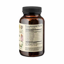 Brown glass bottle with black cap containing herbal supplement capsules, label showing supplement facts and botanical ingredi