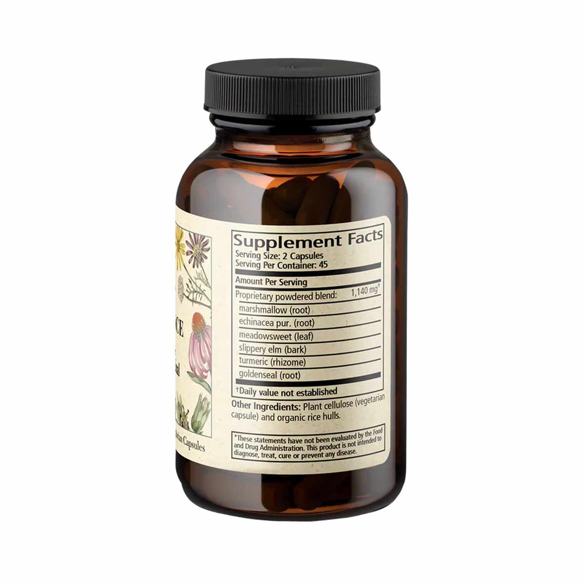 Brown glass bottle with black cap containing herbal supplement capsules, label showing supplement facts and botanical ingredi