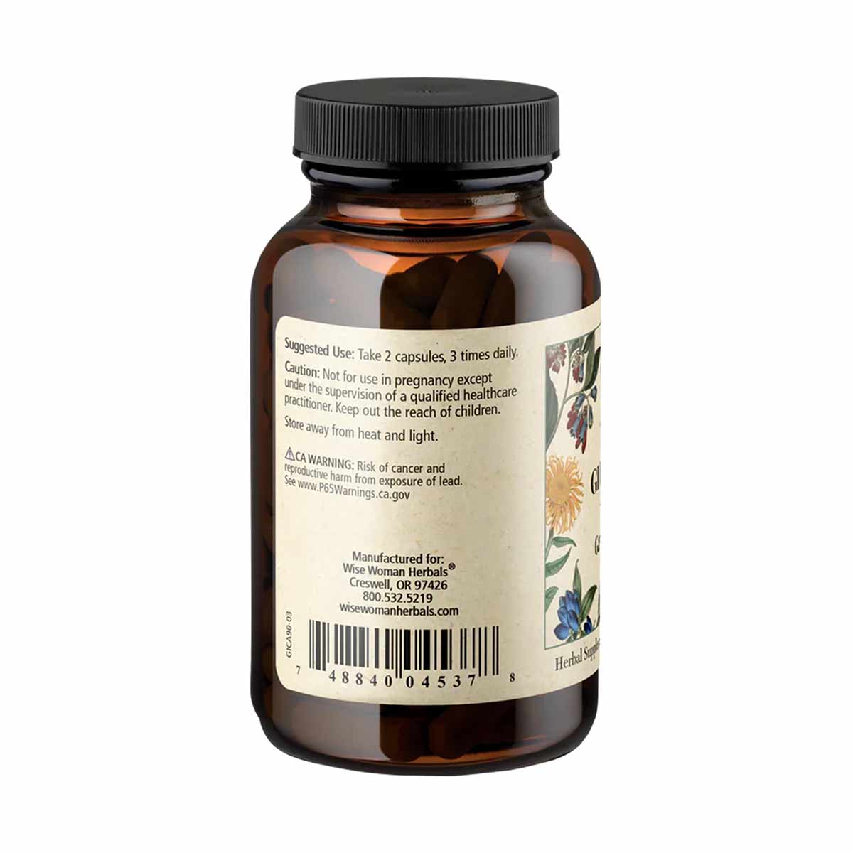 Brown glass bottle with black screw cap containing 90 herbal capsules, label showing usage instructions and Wise Woman Herbal