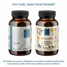 Two amber glass bottles with black caps labeled "GI Caps" and "GI Balance" by Wise Woman Herbals, containing 90 vegetarian ca