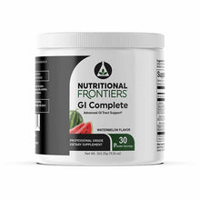 White cylindrical container of GI Complete powder by Nutritional Frontiers in watermelon flavor, 265.35g, 30 servings.