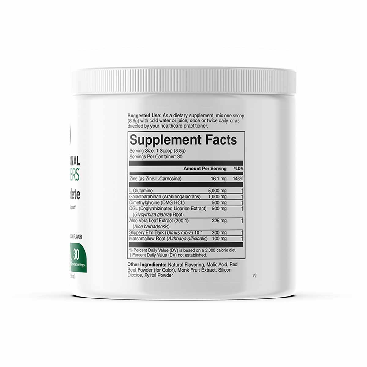White container of GI Complete Powder with white lid and label showing supplement facts and ingredient list.