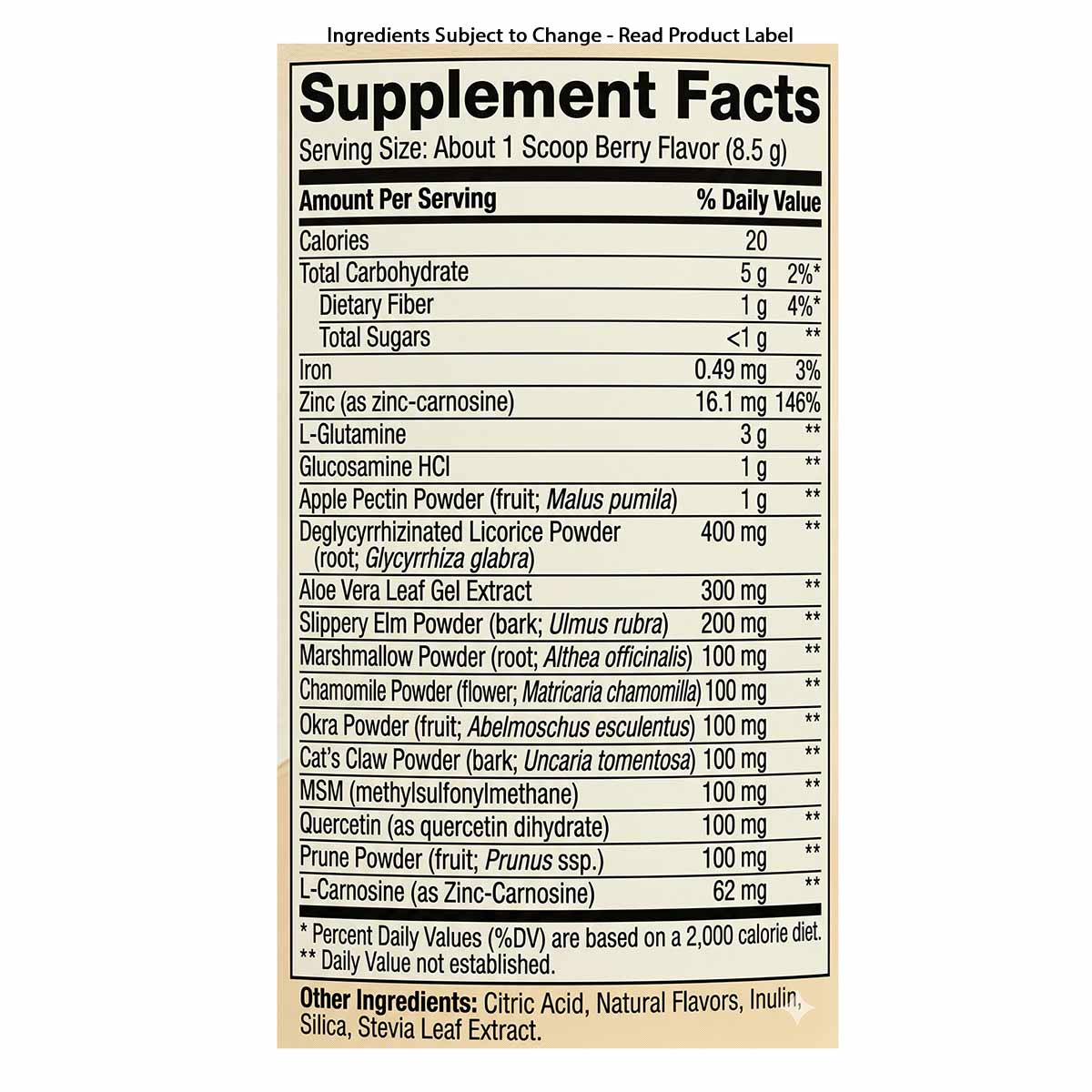 Supplement Facts label for GI Integrity powder showing serving size, nutritional information, and ingredient list including L