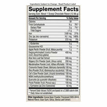 Supplement Facts label for GI Integrity powder with chocolate flavor, listing nutrients and herbal ingredients per serving.