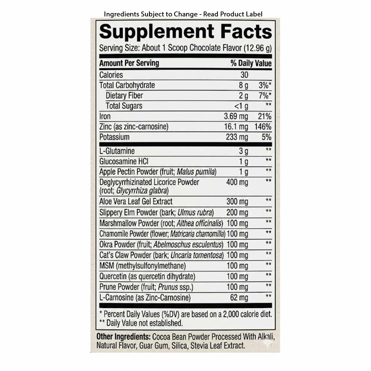 Supplement Facts label for GI Integrity powder with chocolate flavor, listing nutrients and herbal ingredients per serving.