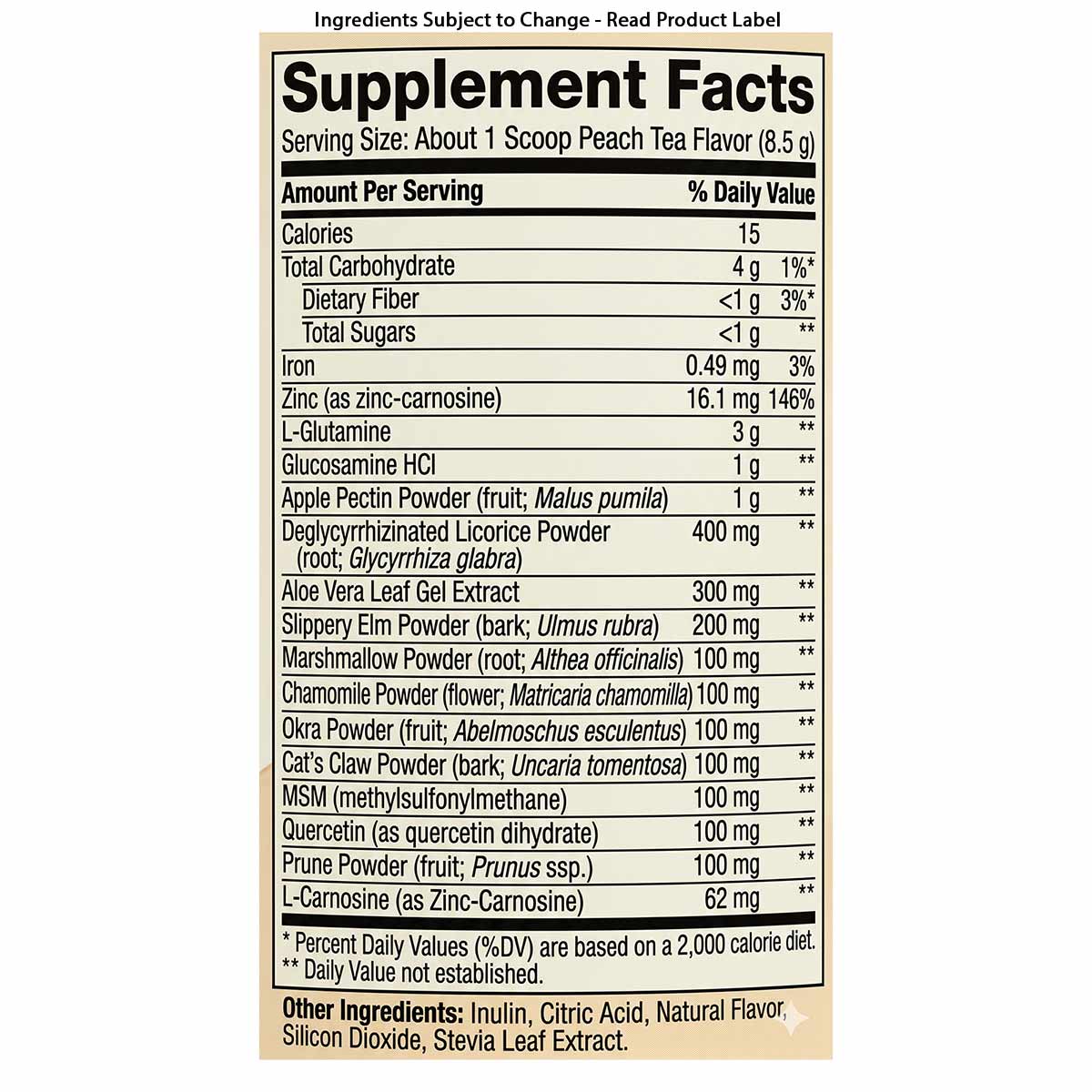 Supplement Facts label for GI Integrity powder showing ingredients including L-glutamine, aloe vera, licorice, and other bota