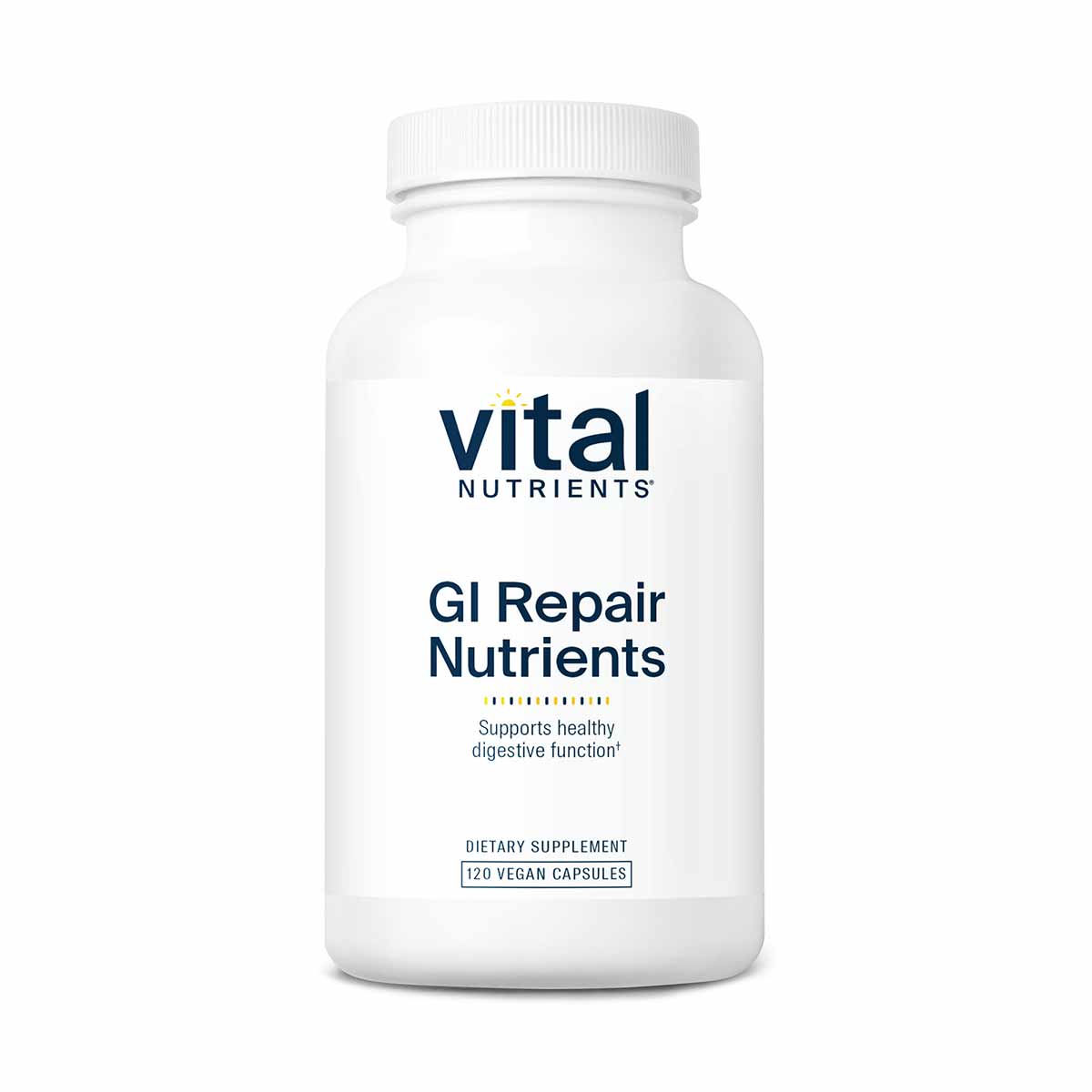 White bottle of Vital Nutrients GI Repair Nutrients dietary supplement containing 120 vegan capsules.