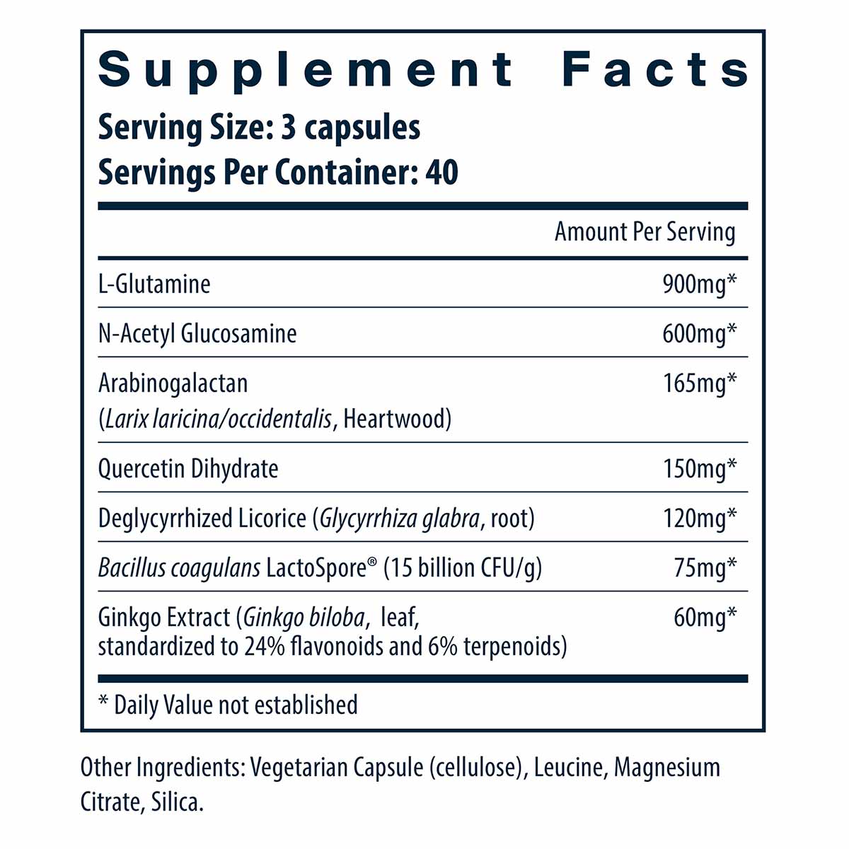 Supplement Facts label for GI Repair Nutrients showing ingredients including L-Glutamine, N-Acetyl Glucosamine, Arabinogalact