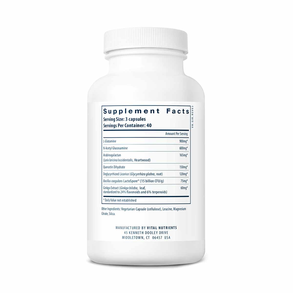 White supplement bottle with white cap labeled "Supplement Facts" showing ingredients including L-Glutamine, N-Acetyl Glucosa