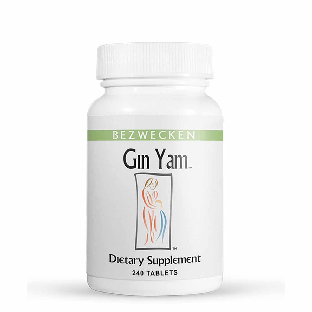 White bottle of Gin Yam dietary supplement tablets by Bezwecken with green band and figure illustration.