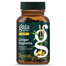 Amber glass bottle with green cap containing dark liquid phyto-capsules, labeled Gaia Herbs Ginger Supreme.