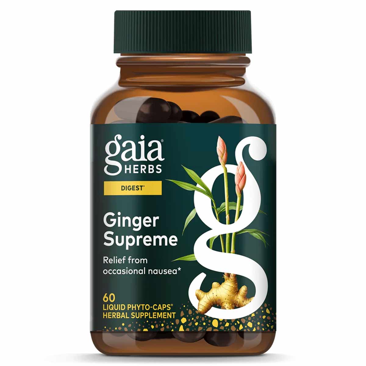 Amber glass bottle with green cap containing dark liquid phyto-capsules, labeled Gaia Herbs Ginger Supreme.
