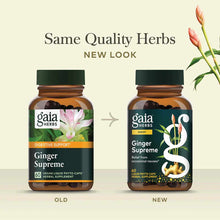 Two amber bottles of Gaia Herbs Ginger Supreme with green caps showing old and new label designs side by side.