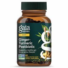 Gaia Herbs Ginger-Turmeric Postbiotic supplement bottle with green cap and dark liquid phyto-caps inside.