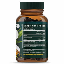Amber glass bottle with green cap containing dark capsules and Supplement Facts label showing ginger-turmeric postbiotic form