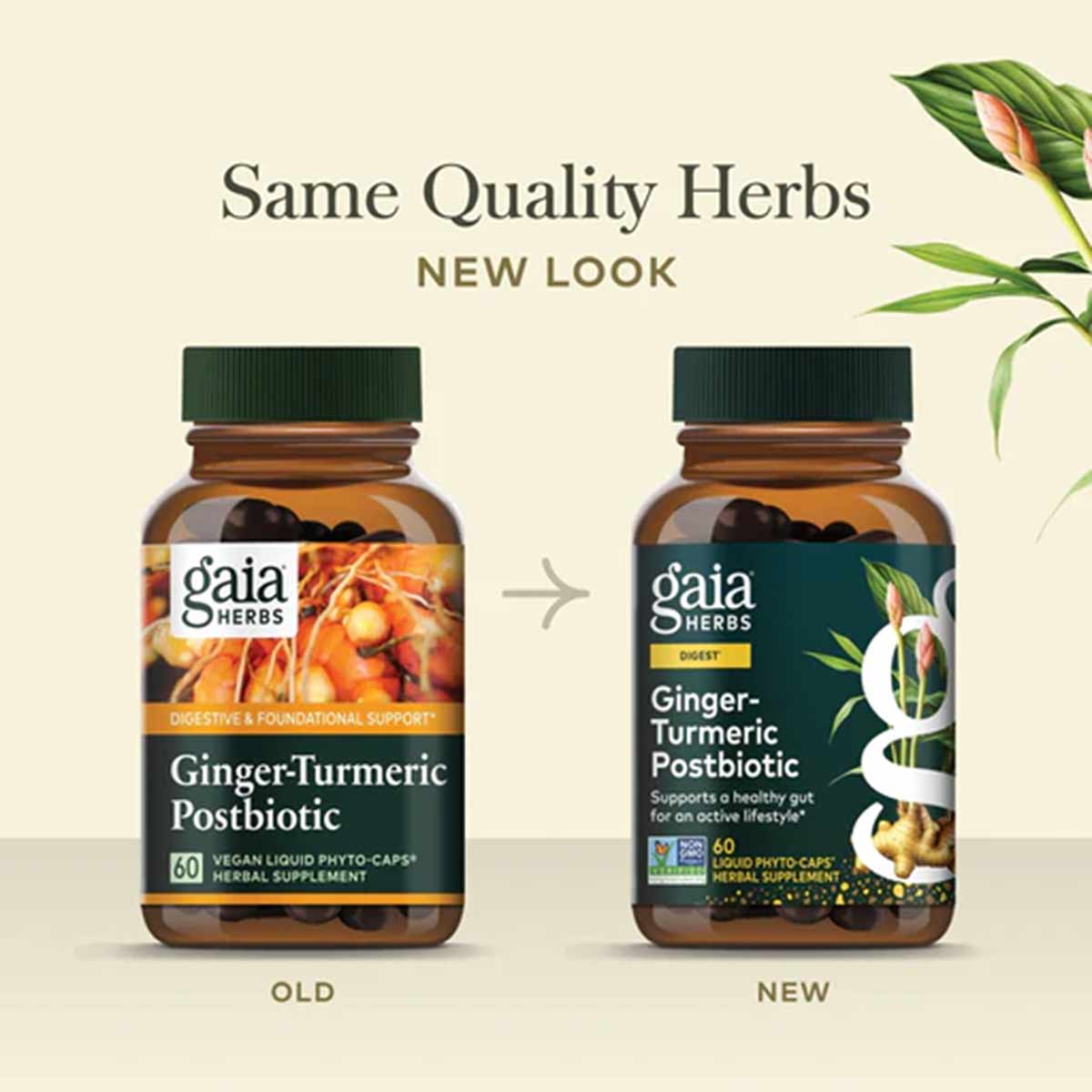 Two brown bottles of Gaia Herbs Ginger-Turmeric Postbiotic side by side showing old and new label designs.