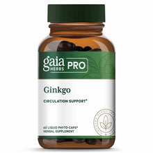 Gaia Herbs Pro Ginkgo supplement bottle with green cap containing 60 dark liquid phyto-capsules.