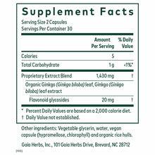 Supplement Facts label for Gaia Herbs Ginkgo showing serving size of 2 capsules, 30 servings per container, with proprietary 