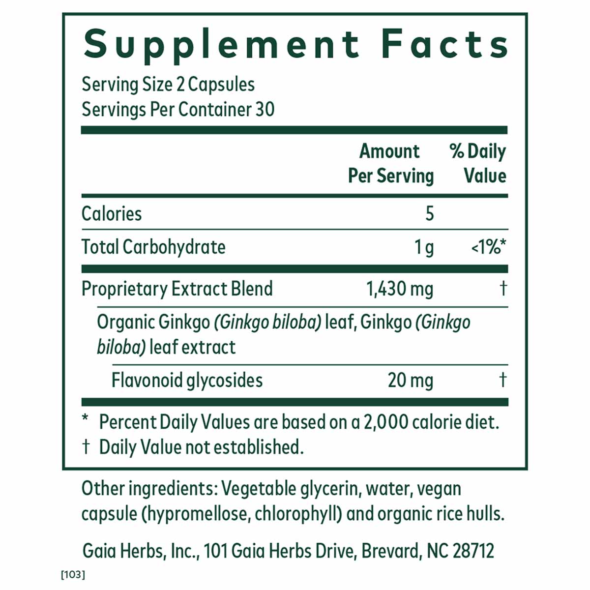Supplement Facts label for Gaia Herbs Ginkgo showing serving size of 2 capsules, 30 servings per container, with proprietary 