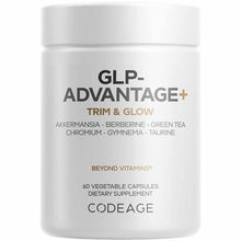 White cylindrical supplement bottle labeled GLP-Advantage+ containing 60 vegetable capsules by Codeage.