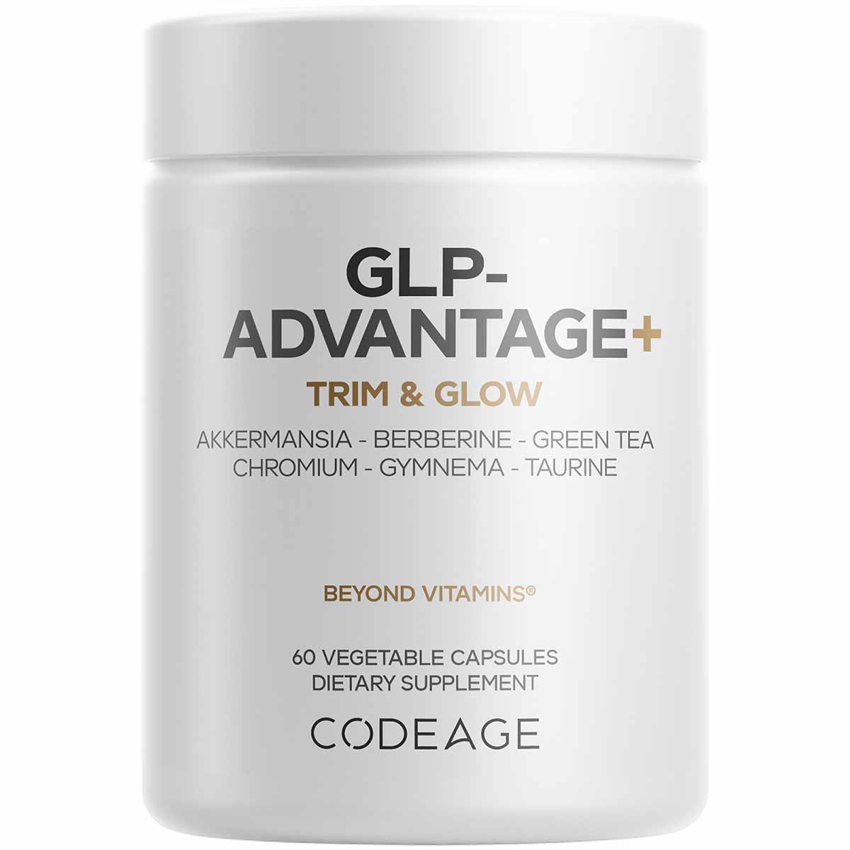 White cylindrical supplement bottle labeled GLP-Advantage+ containing 60 vegetable capsules by Codeage.