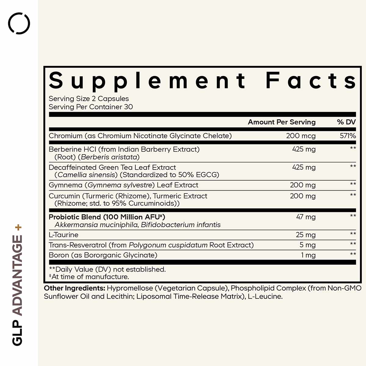 Supplement Facts label for GLP-Advantage+ by Codeage showing ingredients including chromium, berberine, green tea extract, an
