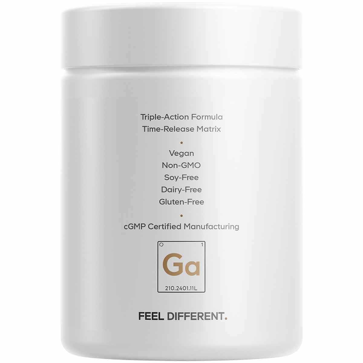 White cylindrical supplement container labeled GLP-Advantage+ with text describing triple-action formula, vegan, non-GMO, and
