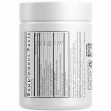 White cylindrical supplement container with "Supplement Facts" label and ingredient list visible on the back.