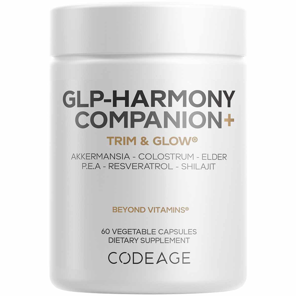 White supplement bottle labeled GLP-Harmony Companion+ by Codeage containing 60 vegetable capsules with Trim & Glow formula.